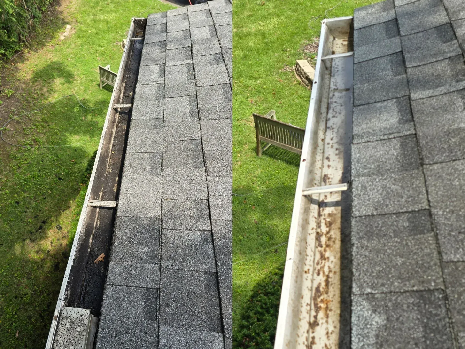 A before and after picture of a gutter on a roof.