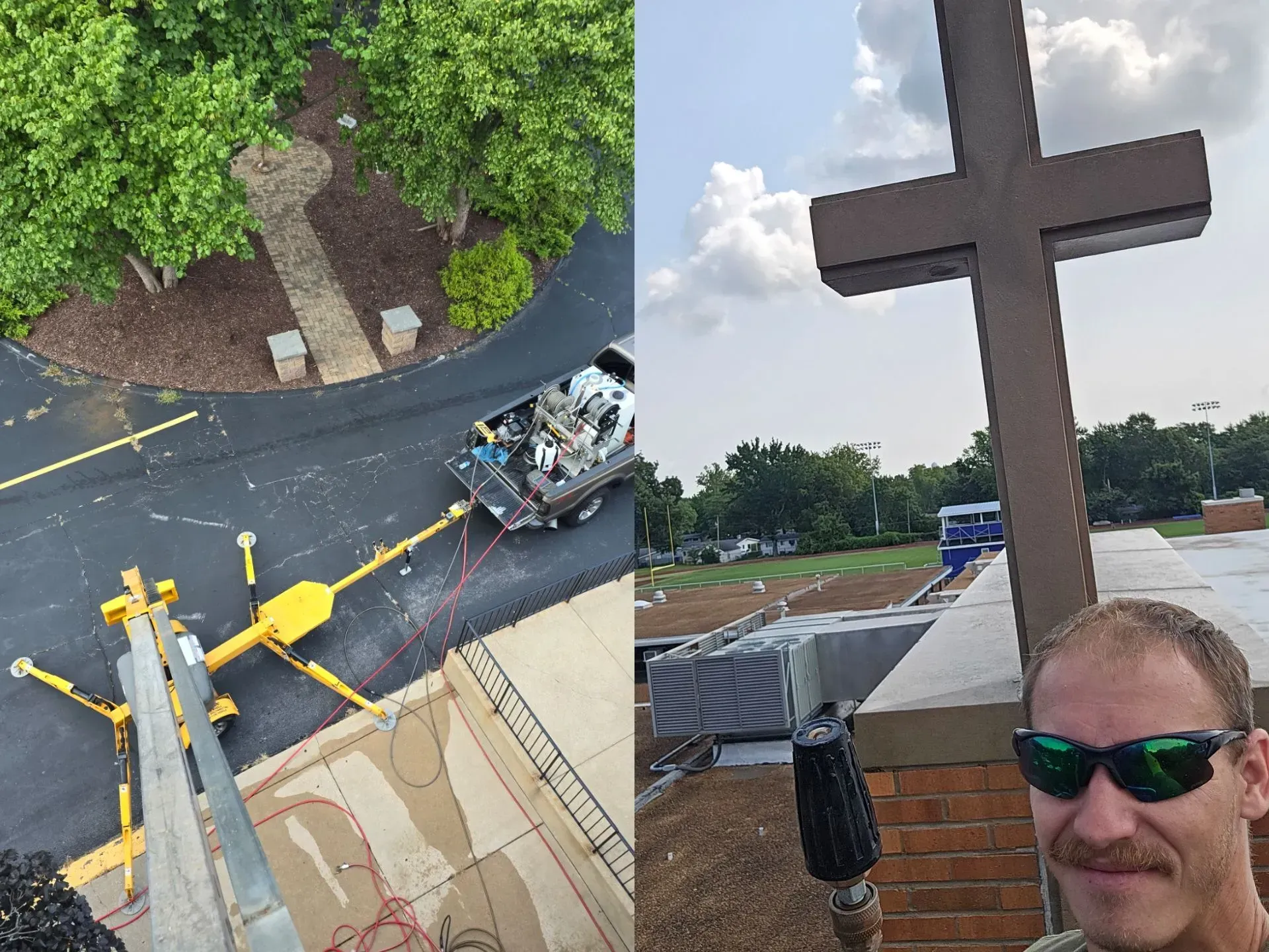 A man wearing sunglasses is standing in front of a cross.