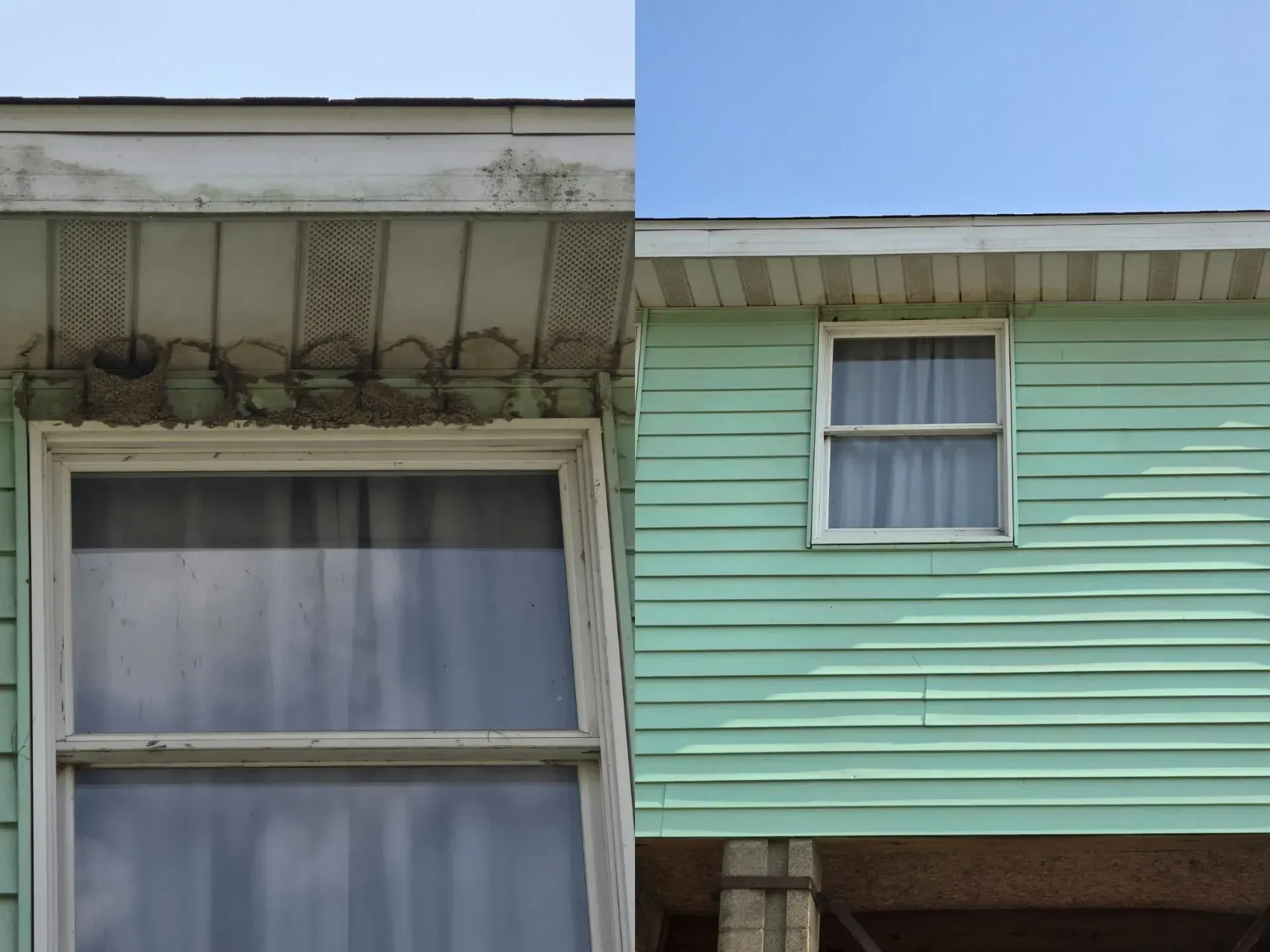 A before and after picture of a green house with a window.