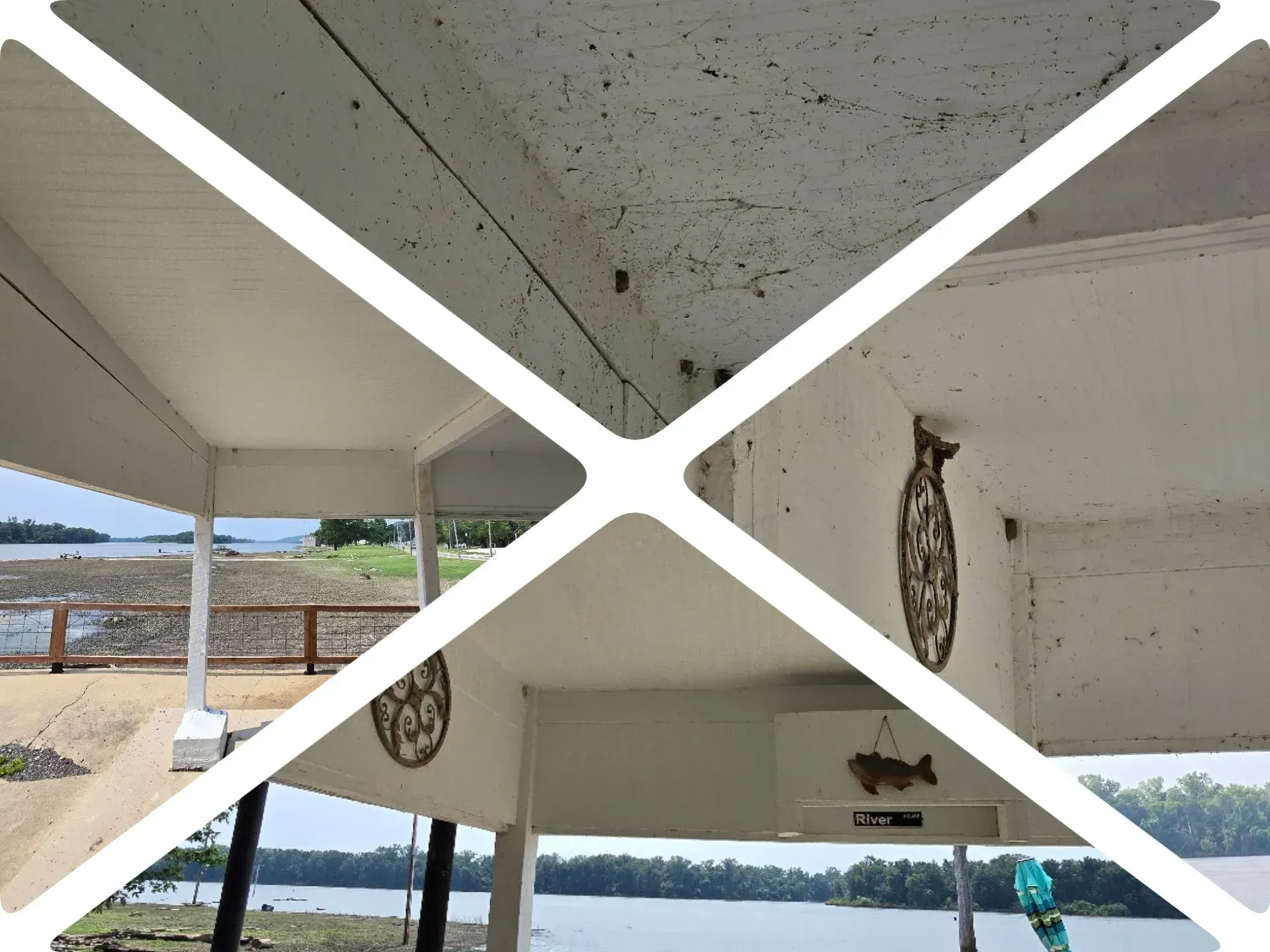 A collage of pictures shows the inside of a building overlooking a lake