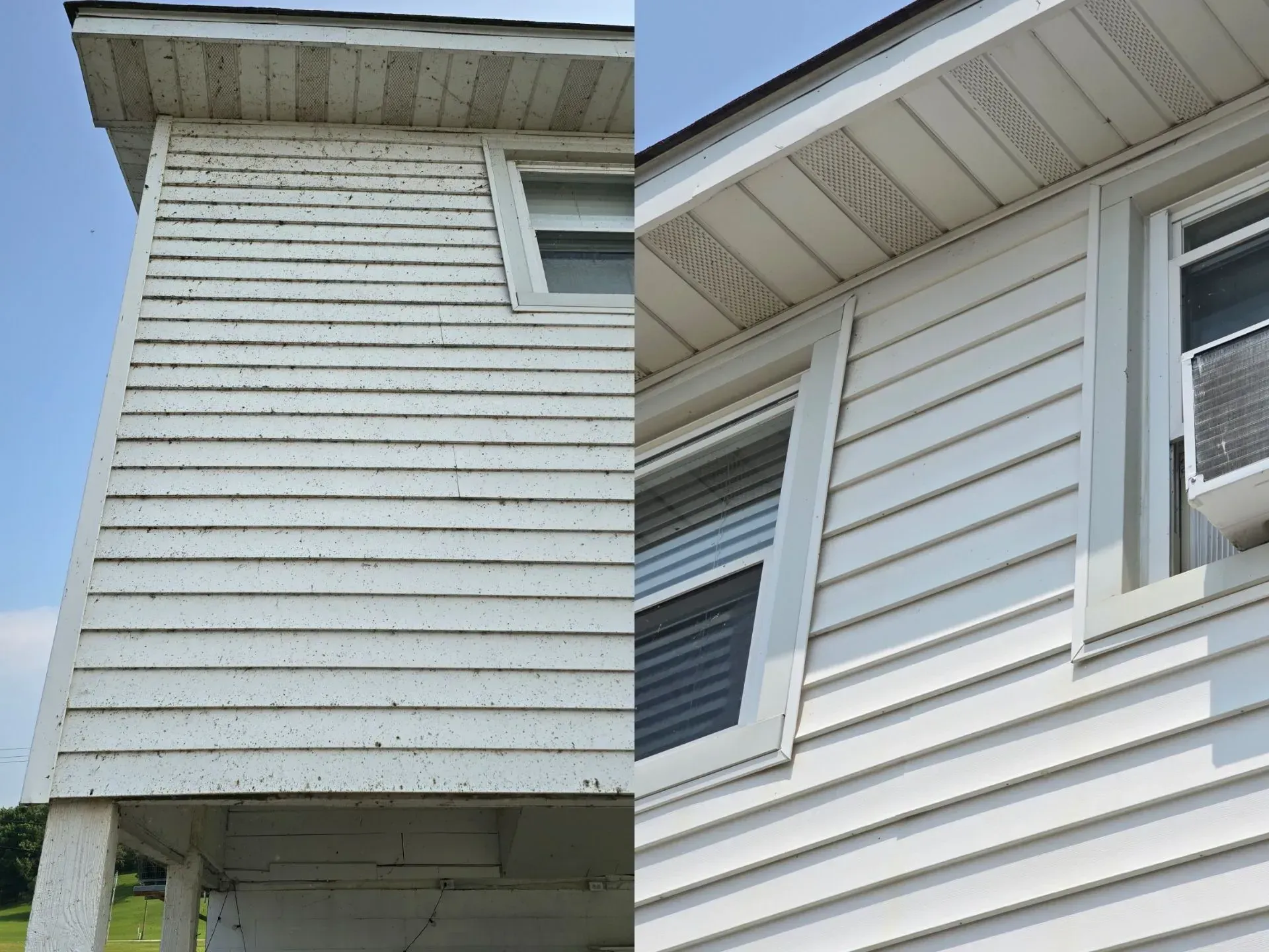 A before and after picture of a house with white siding