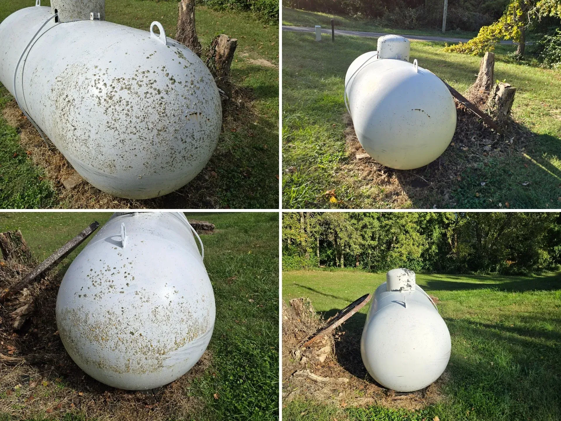 A collage of four pictures of a white propane tank