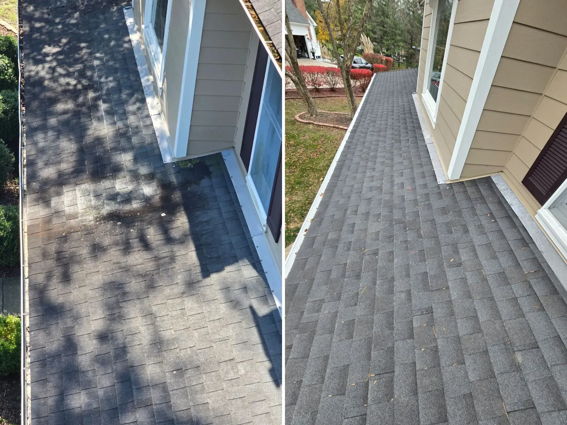 A before and after picture of a roof of a house.