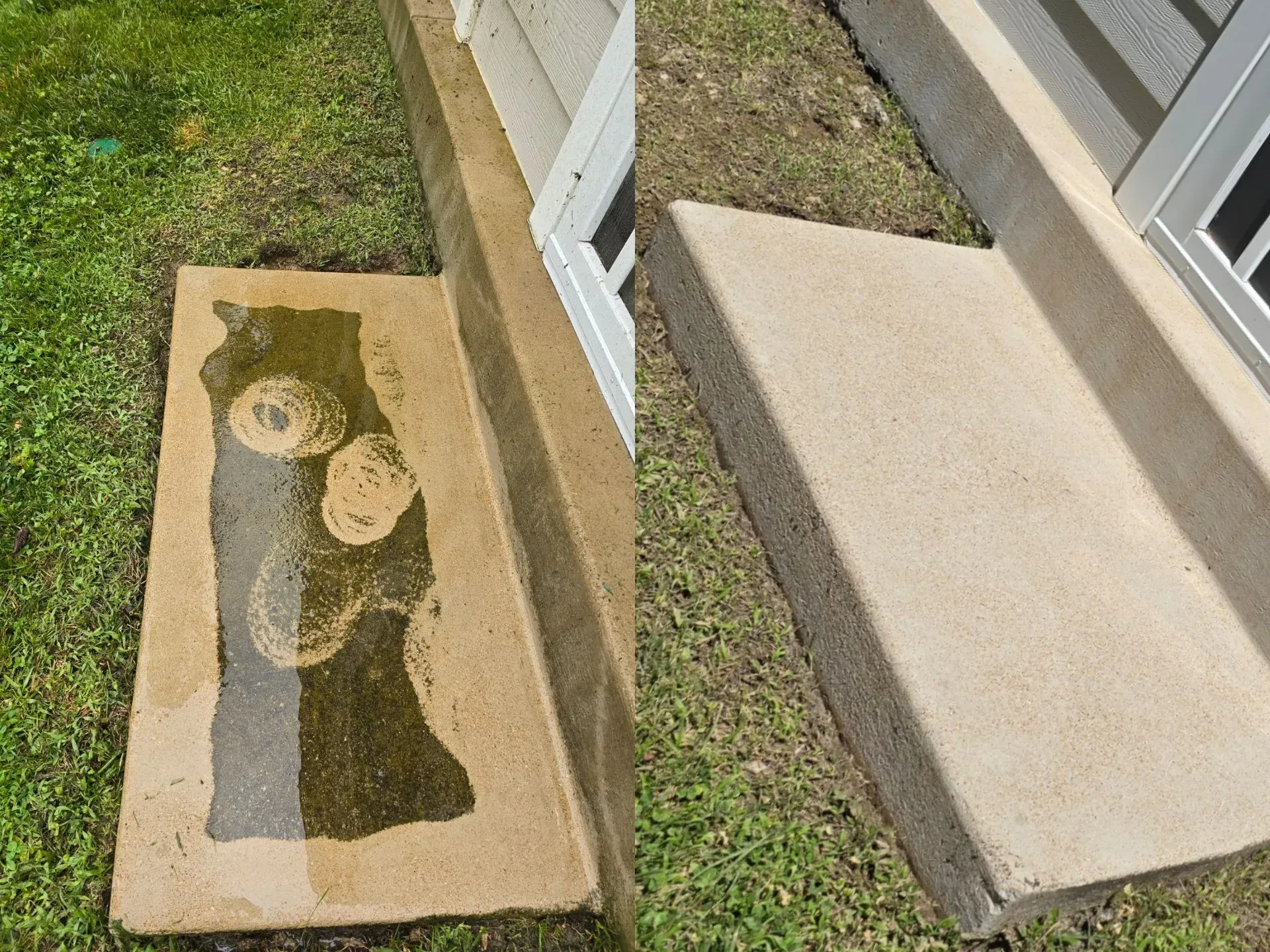 A before and after picture of a door mat on the side of a house.