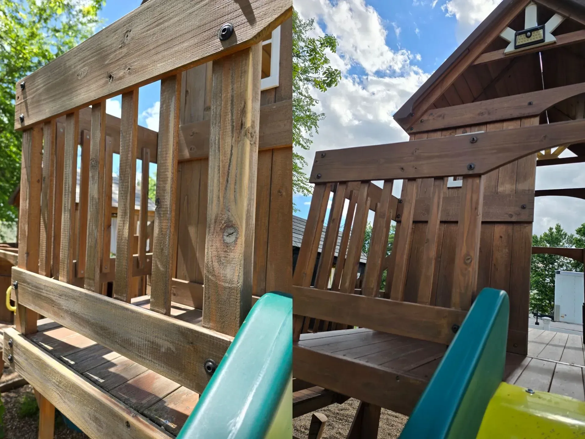A wooden playground with a slide and a bench