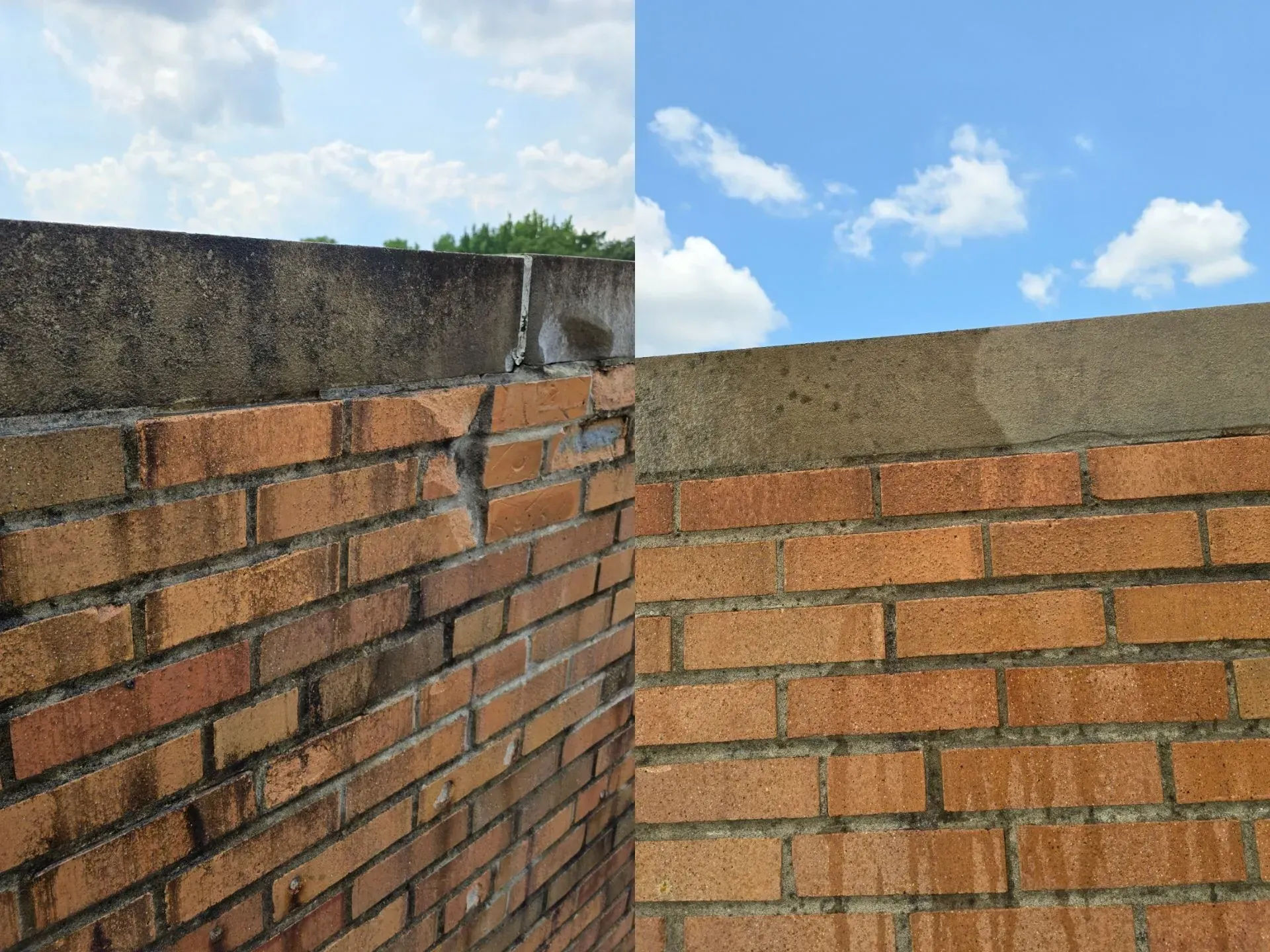 A before and after photo of a brick wall