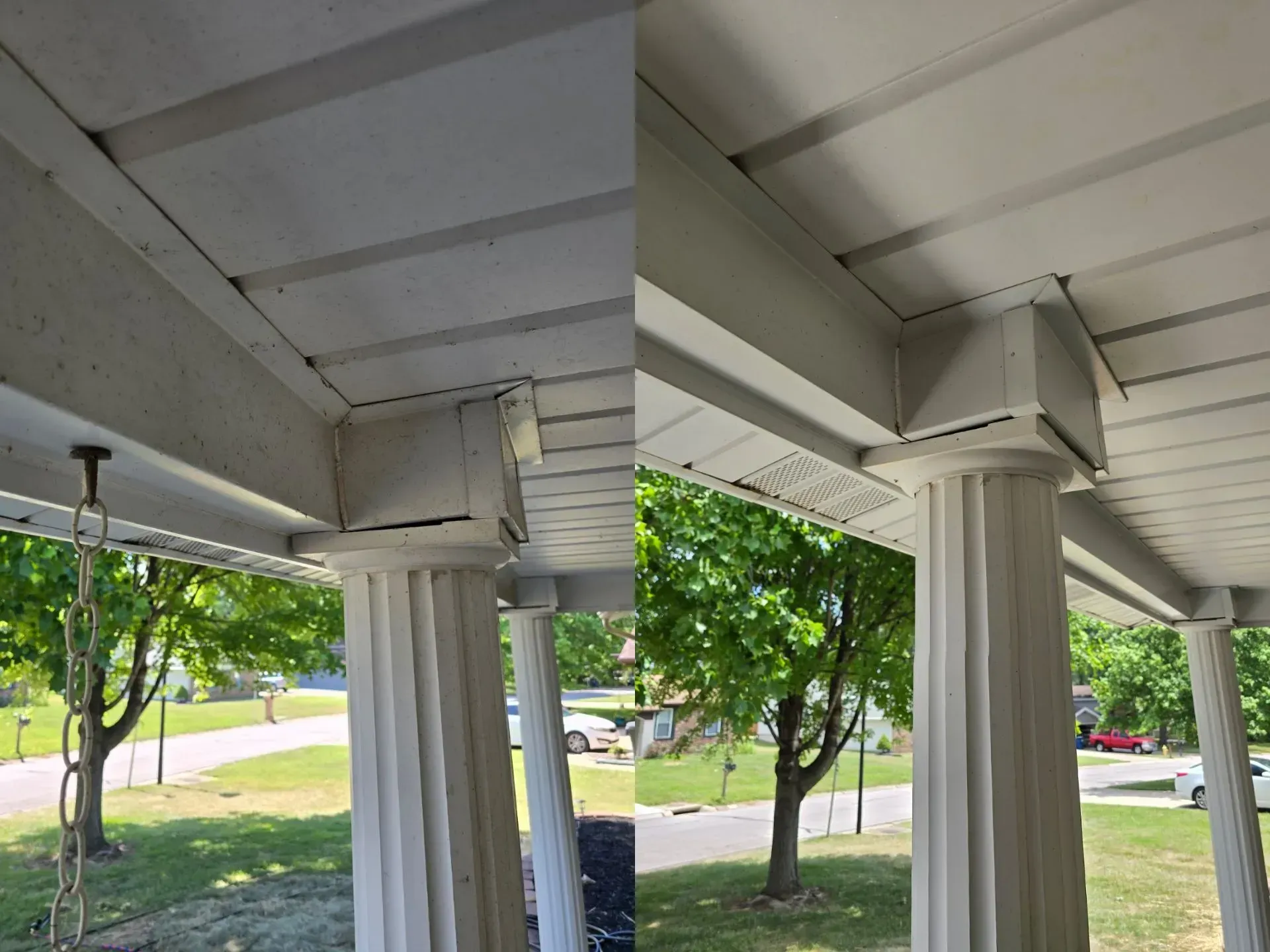 A before and after picture of a porch with columns and a roof.