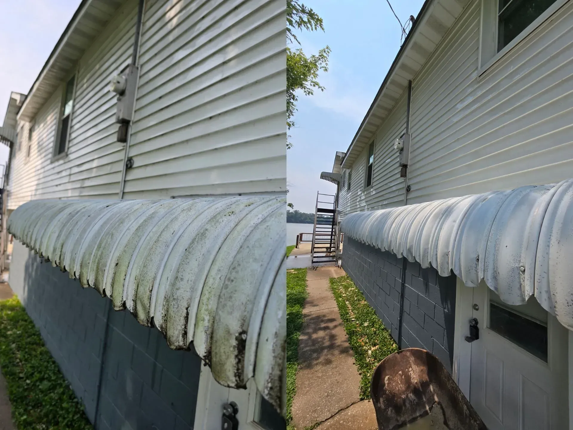 There is a before and after picture of a house.