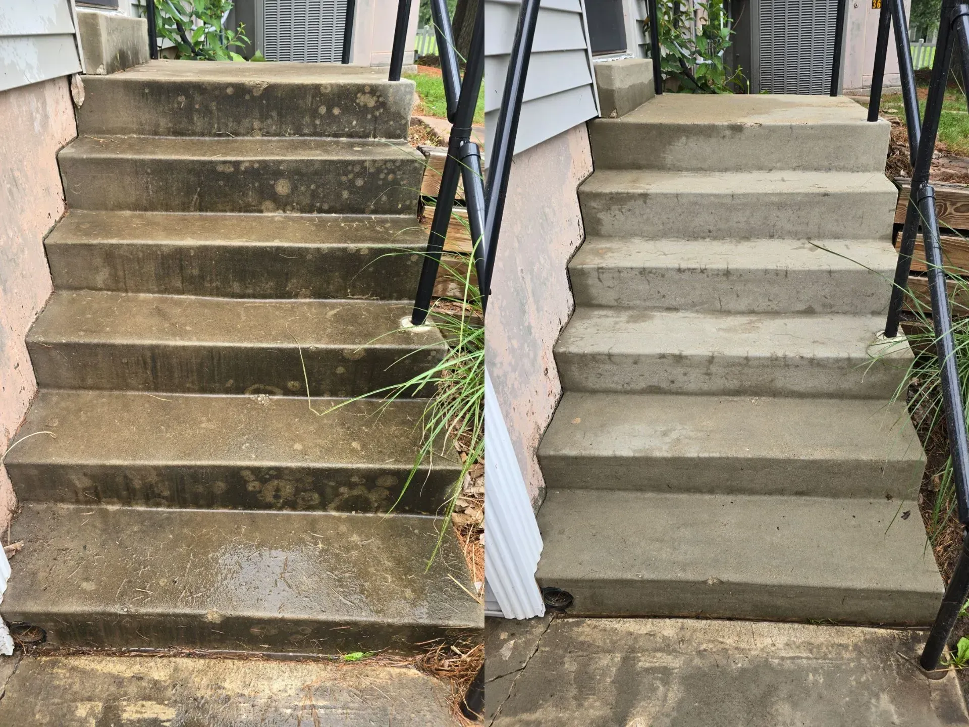 A before and after photo of a set of concrete stairs.