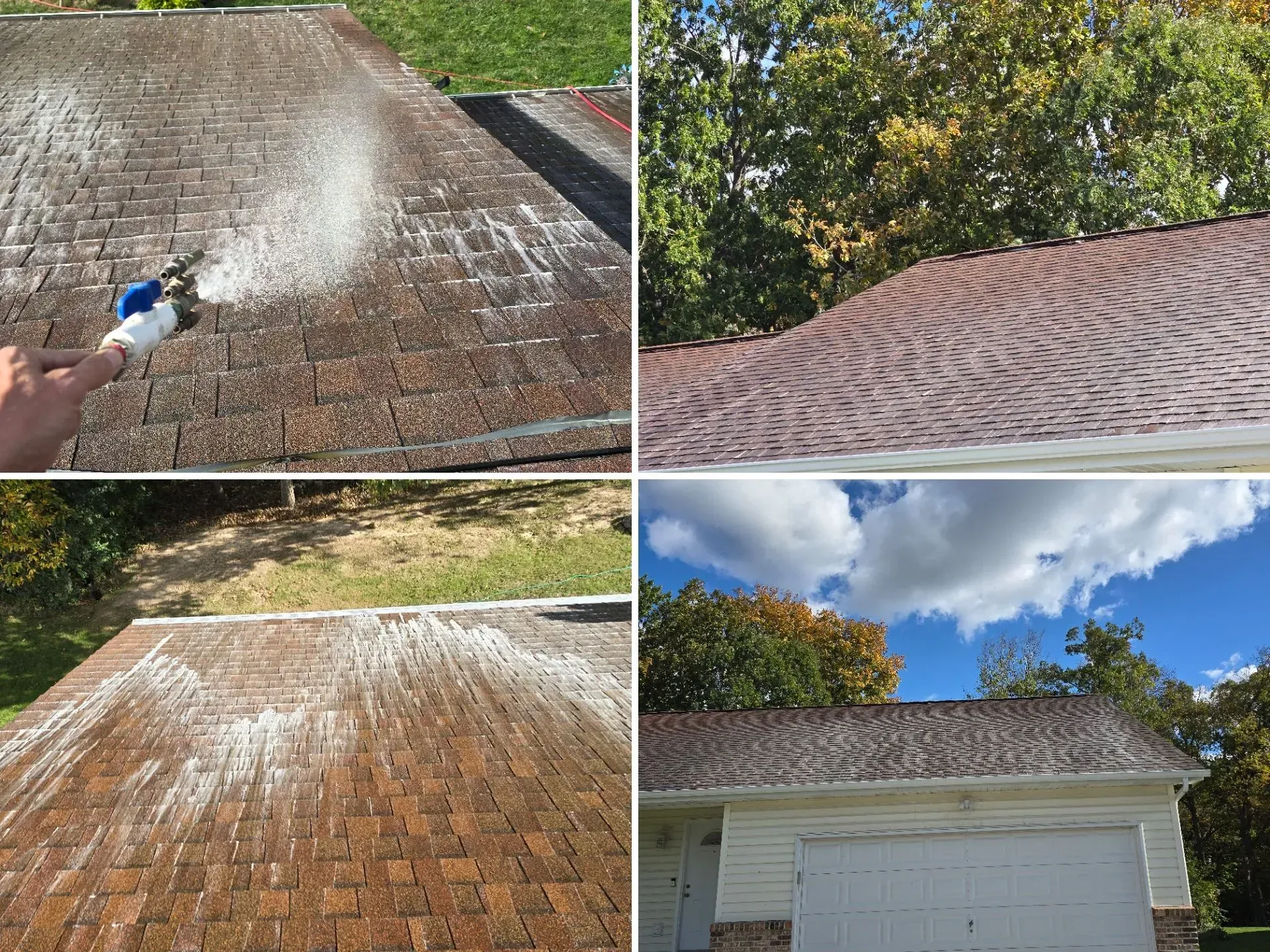 A person is spraying a roof with a spray bottle.
