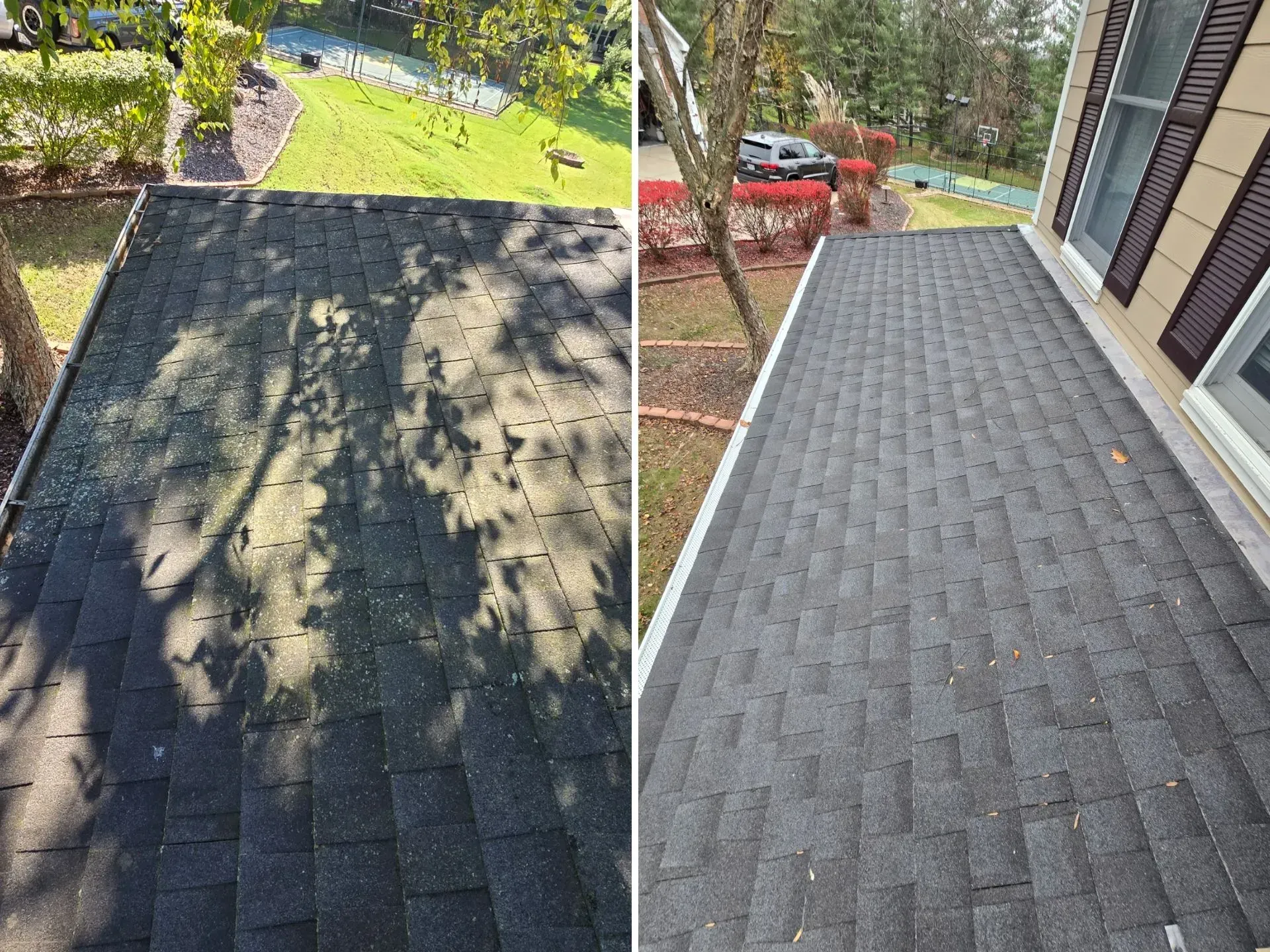 There is a before and after picture of a roof.