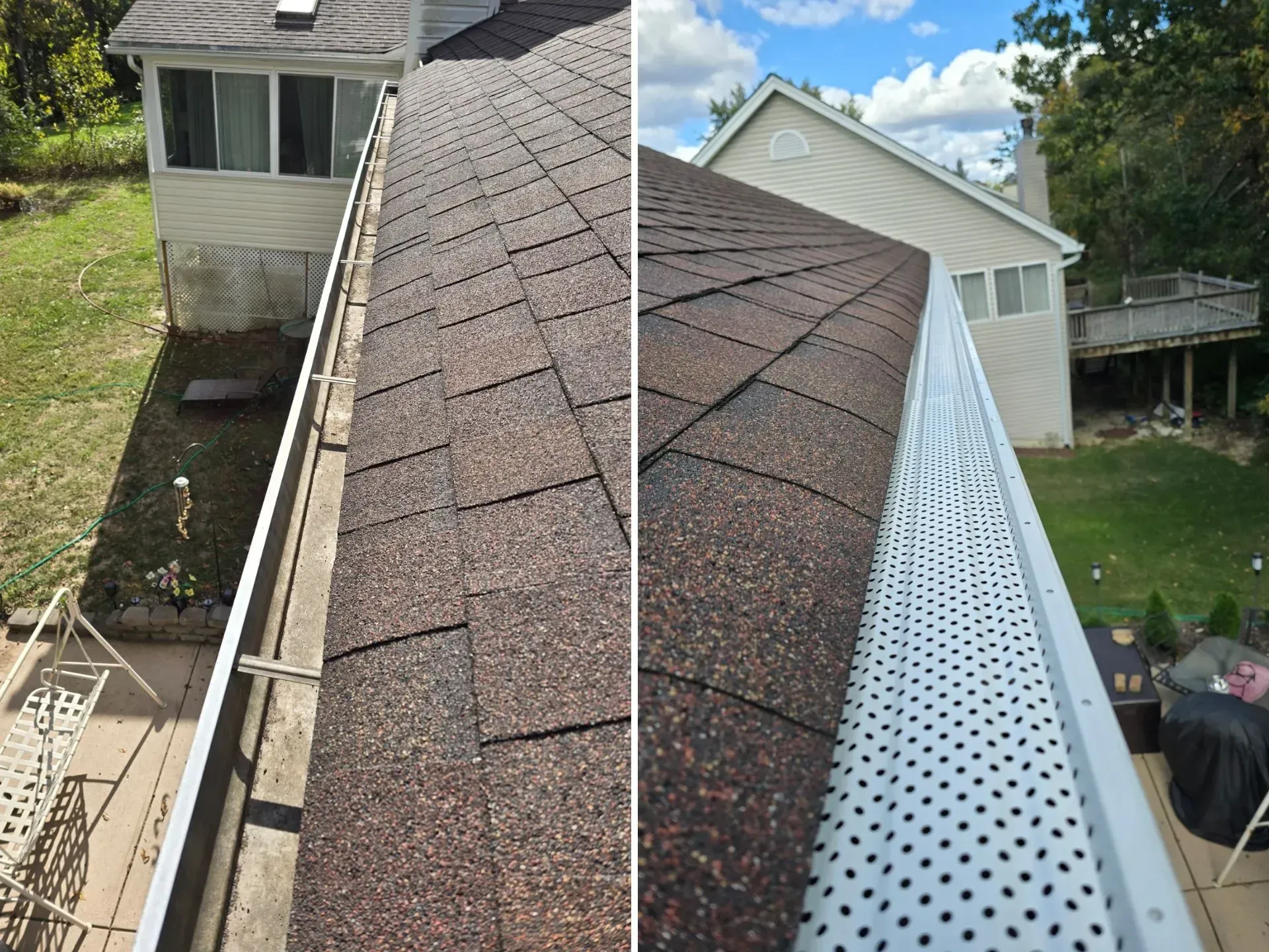 A before and after picture of a gutter on a house.