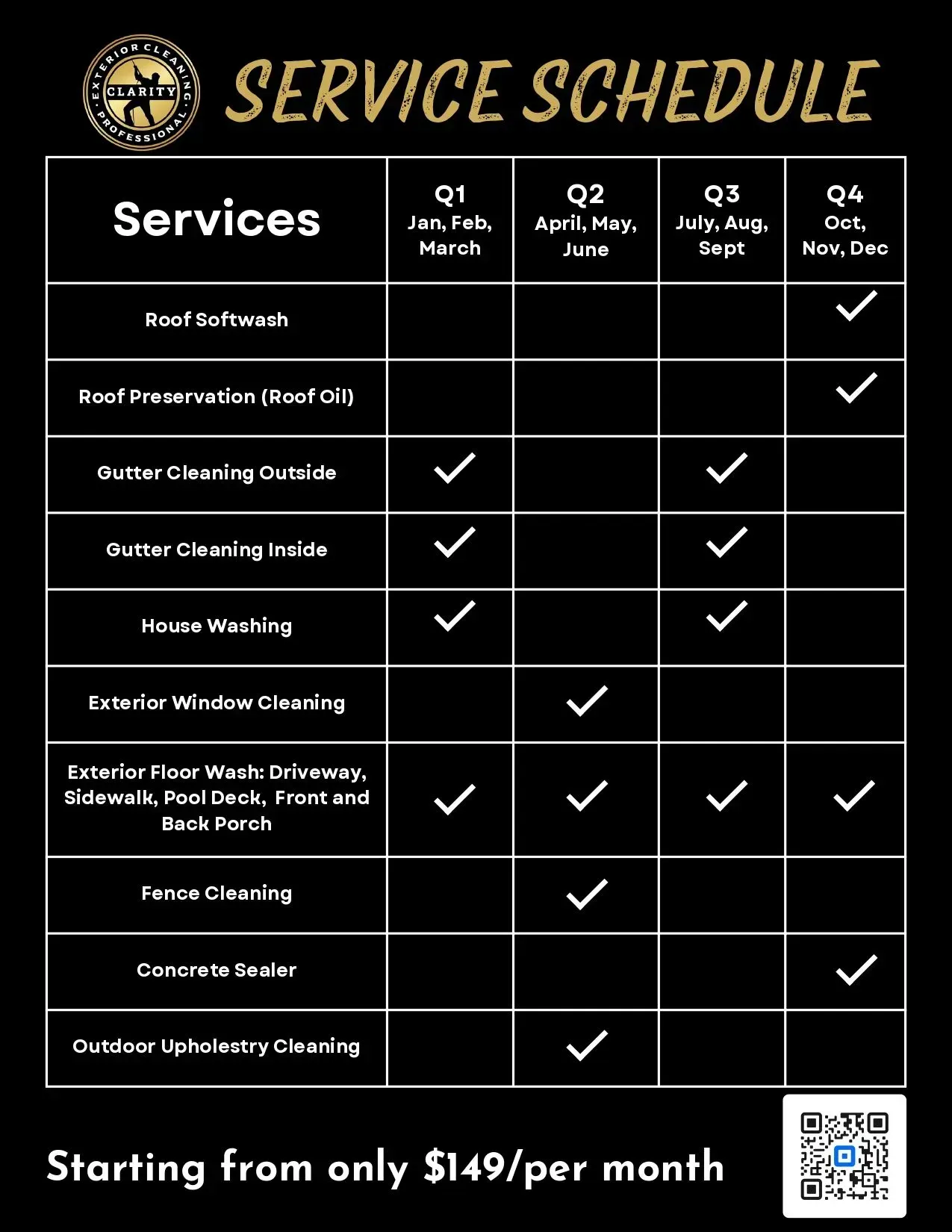 A black and white service schedule starting from only $ 149 per month.