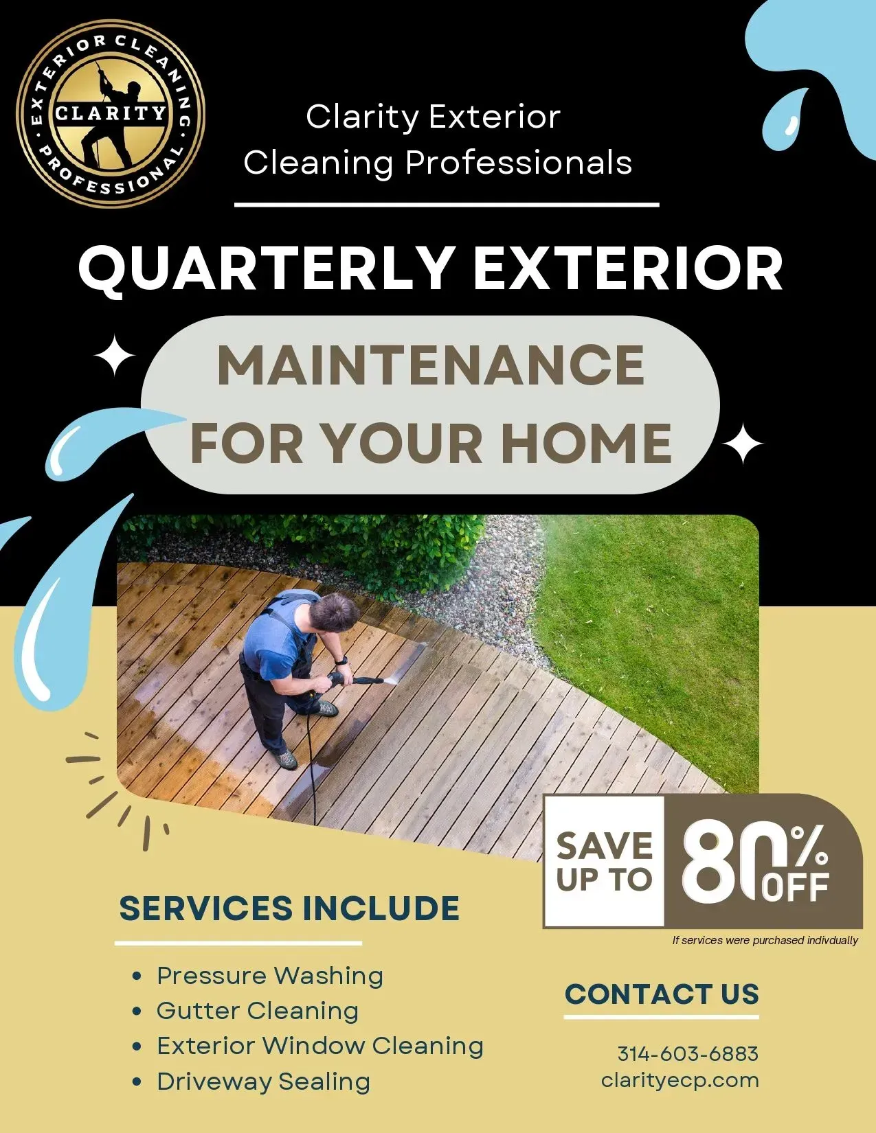 A man is cleaning a wooden deck with a pressure washer.