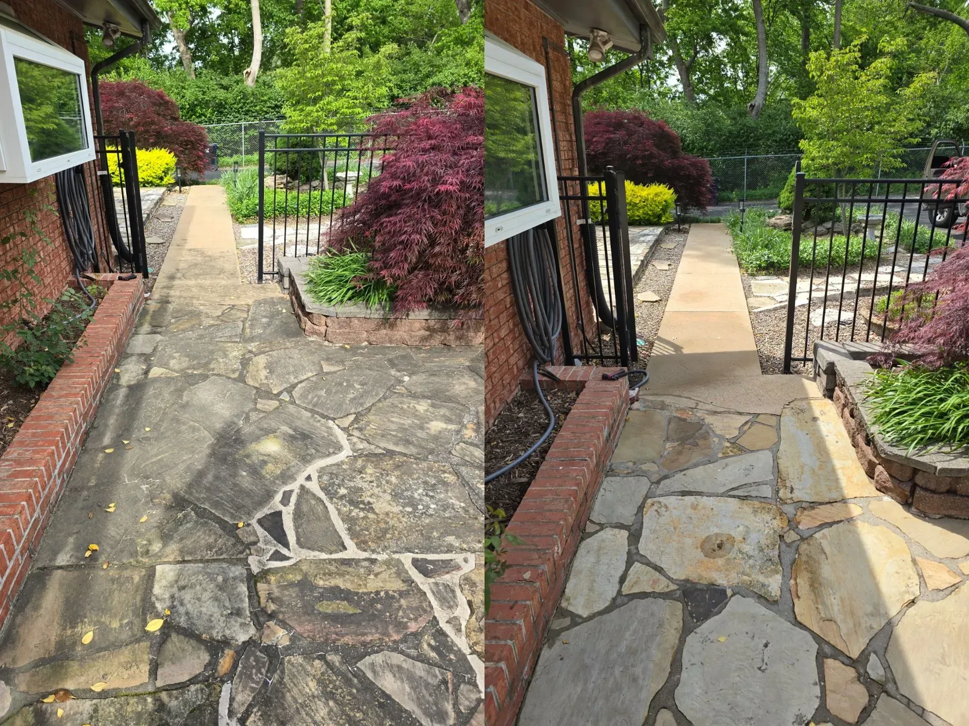 A before and after photo of a stone walkway leading to a house.