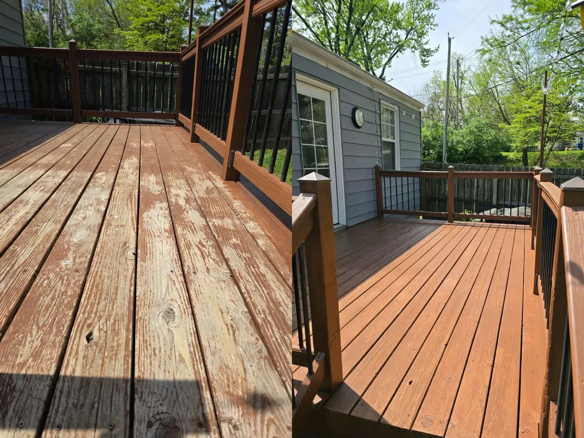 A before and after photo of a wooden deck.