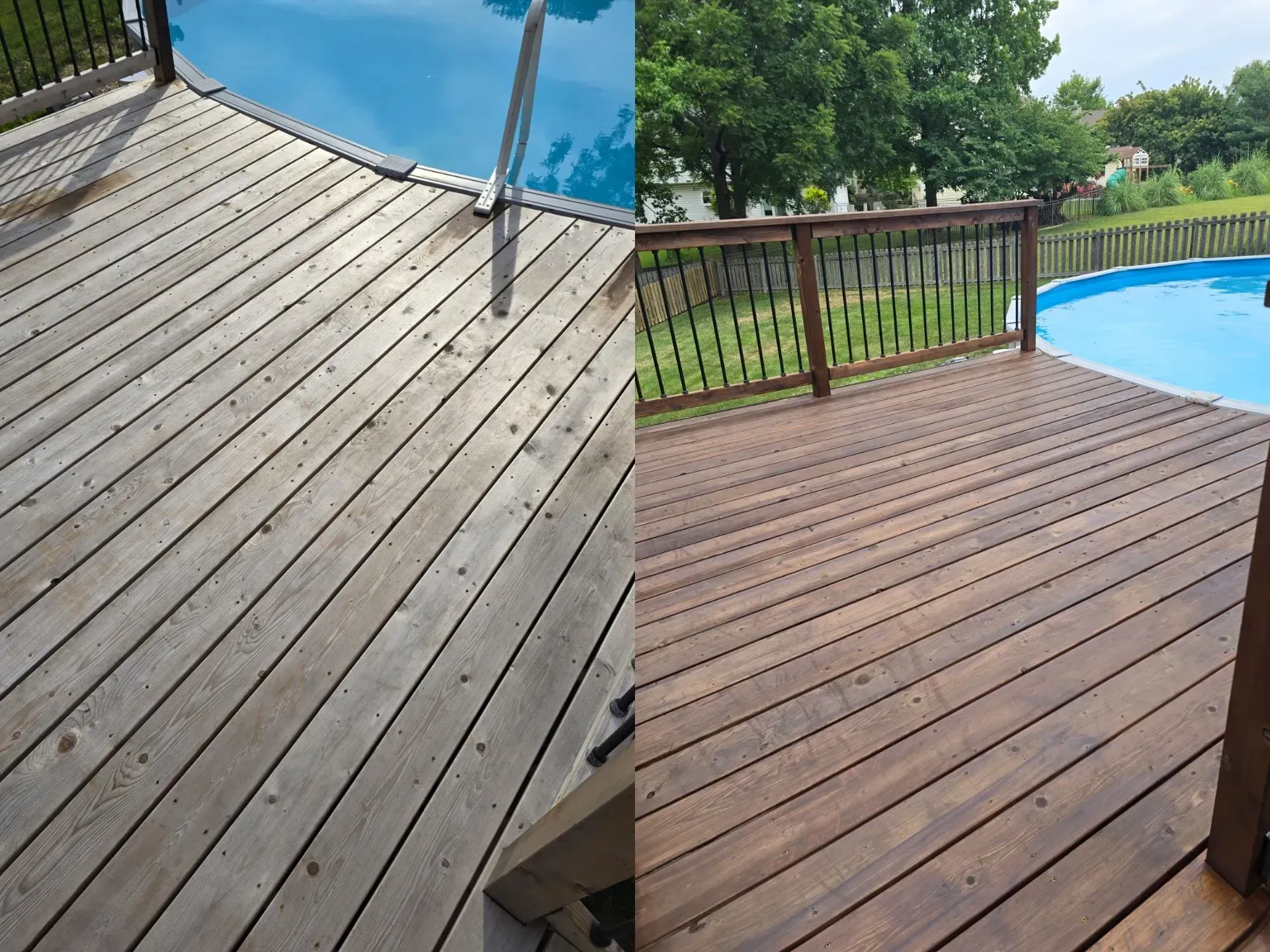 A before and after picture of a wooden deck next to a pool.
