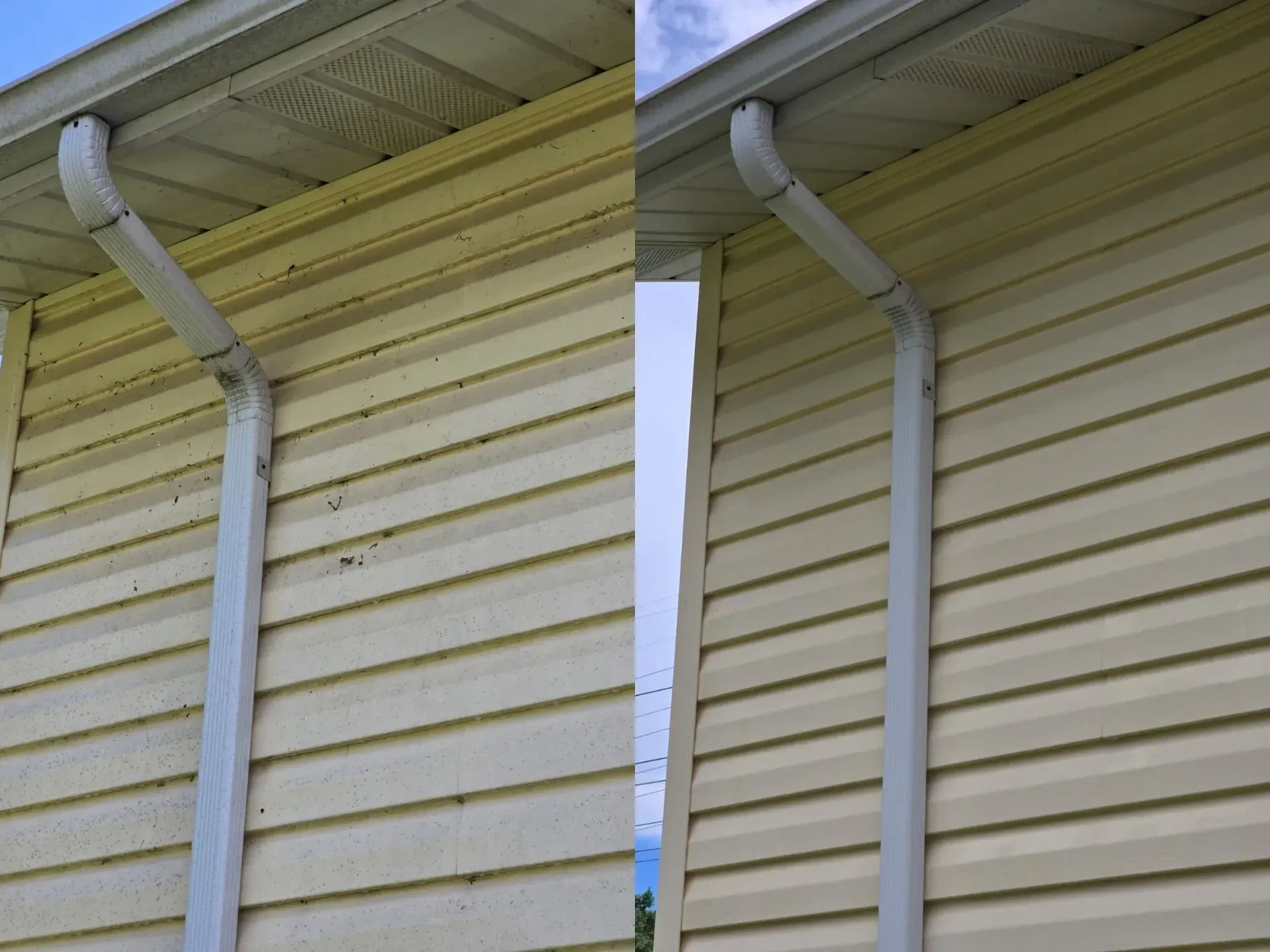 A before and after picture of a house 's siding and gutter.