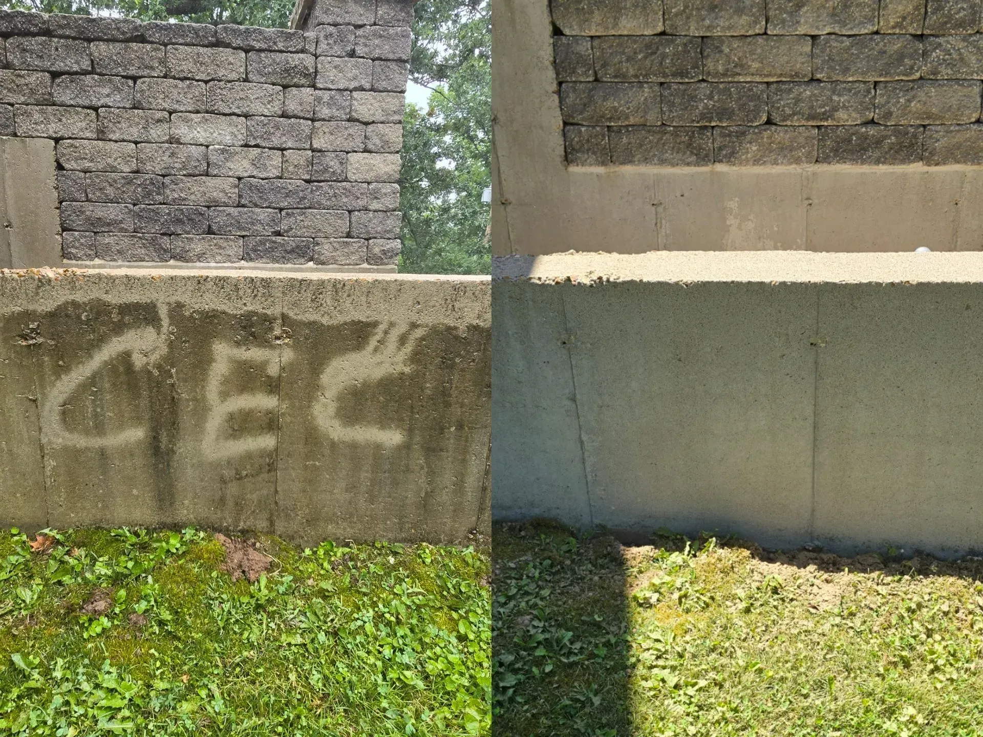 A before and after photo of a concrete wall with the word cec written on it