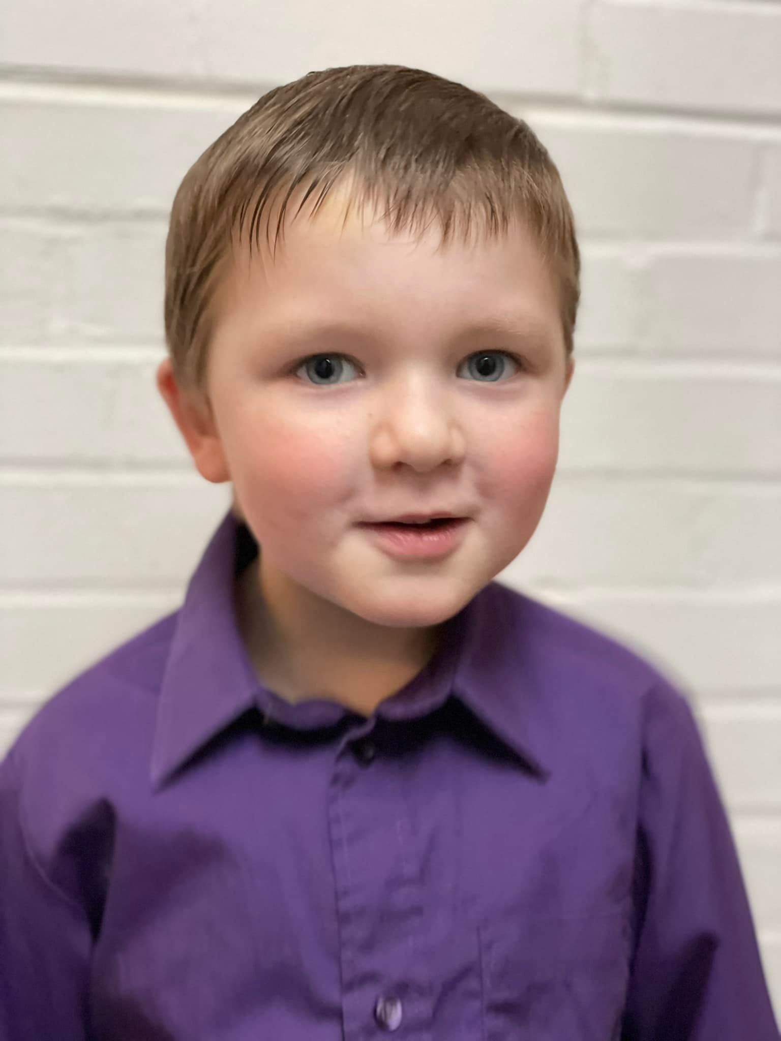 Young boy with fair skin, rosy cheeks, blue eyes, and short brown hair, wearing a purple button-up shirt, smiles in front of a white brick wall.