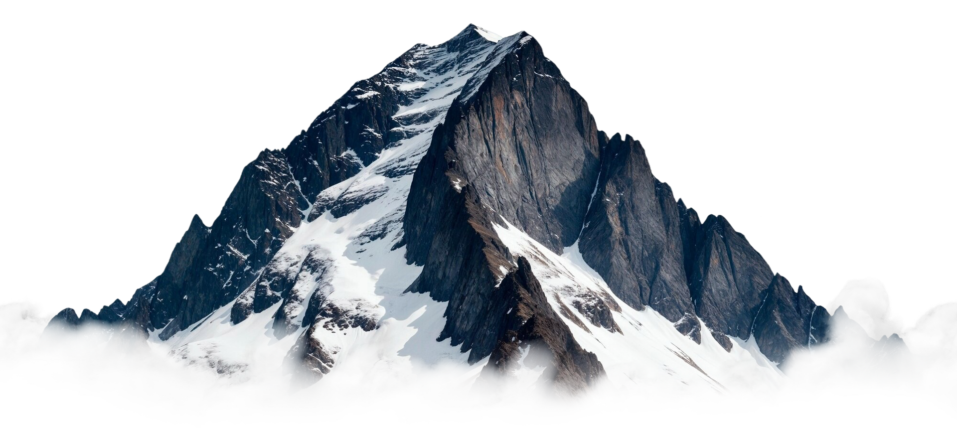 Snow-covered mountain peak against a white background, with clouds at the base.