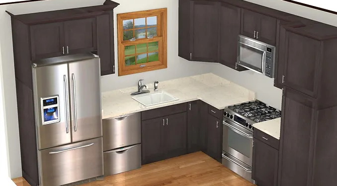 A kitchen with stainless steel appliances and dark cabinets