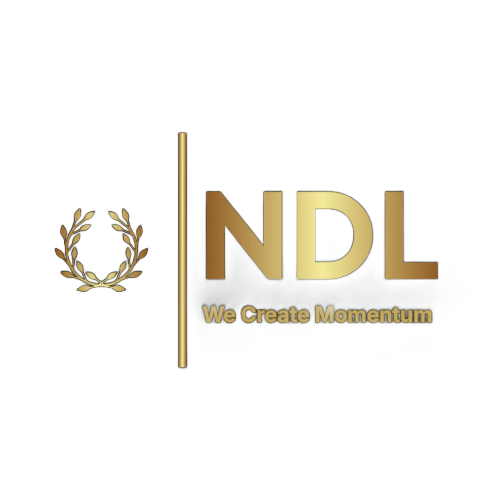 Logo of NDL: Gold letters on black background, with a gold vertical line, laurel wreath, and a horizontal line below NDL.