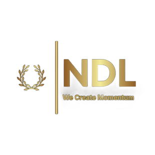 Logo of NDL: Gold letters on black background, with a gold vertical line, laurel wreath, and a horizontal line below NDL.