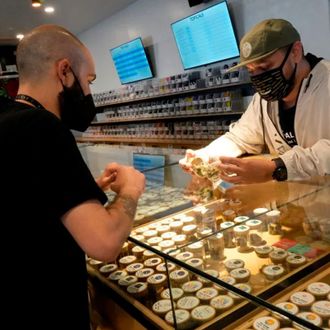 An employee checks an ID for the purchase of marijuana.