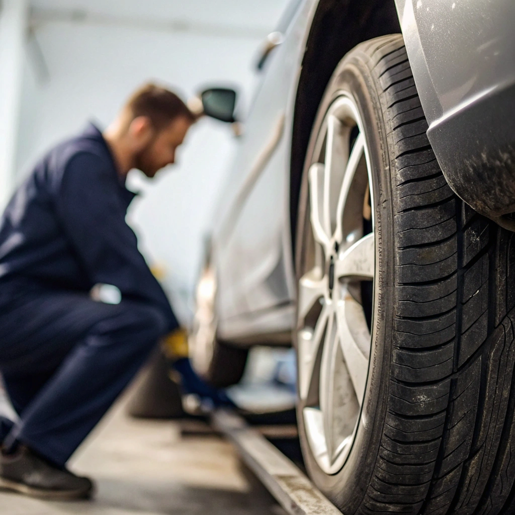 Mechanic inspecting car tire in a garage. Wearing a blue jumpsuit, the mechanic kneels near the elevated car.