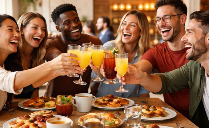 Friends toasting drinks at a brunch table, laughing. Food and mugs are present.