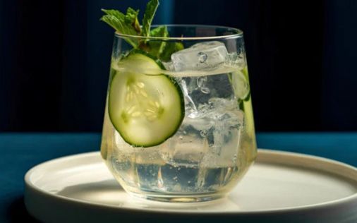 Cocktail in a glass with cucumber slices, ice, and mint sprig.
