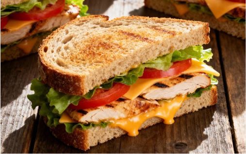Grilled chicken sandwich with cheese, tomato, and lettuce on toasted bread.