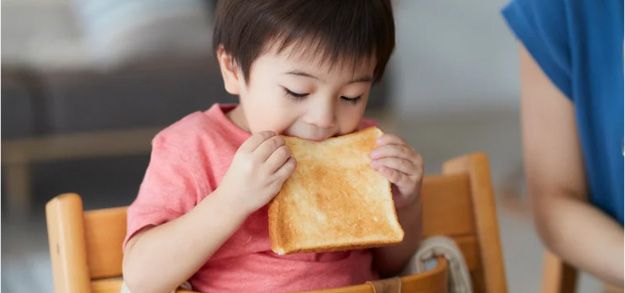 A child seated in a high chair, eating a slice of toasted bread. The child is wearing a pink shirt.