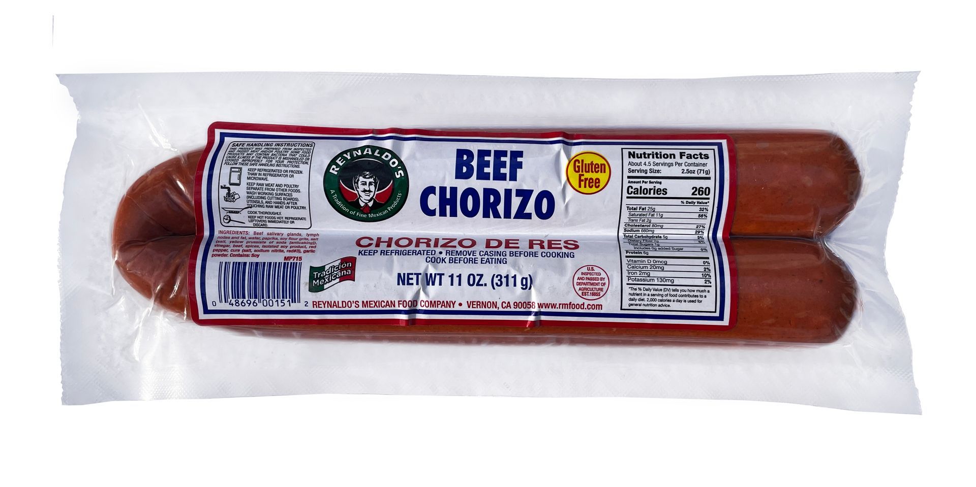 Reynaldo's Beef Chorizo Sausage 12 Oz package