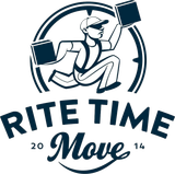 Logo of a man running with boxes, inside a circle. Text "Rite Time Move."