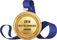 Gold 2018 Best of Suwanee Award medal with blue ribbon.