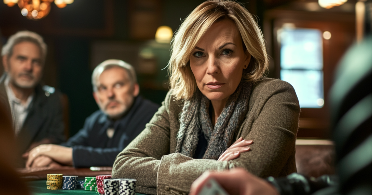 A woman is sitting at a table playing poker.