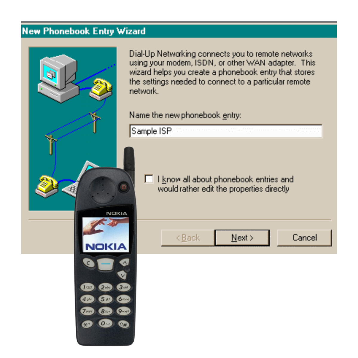 A nokia phone next to a computer screen that says new phonebook entry wizard