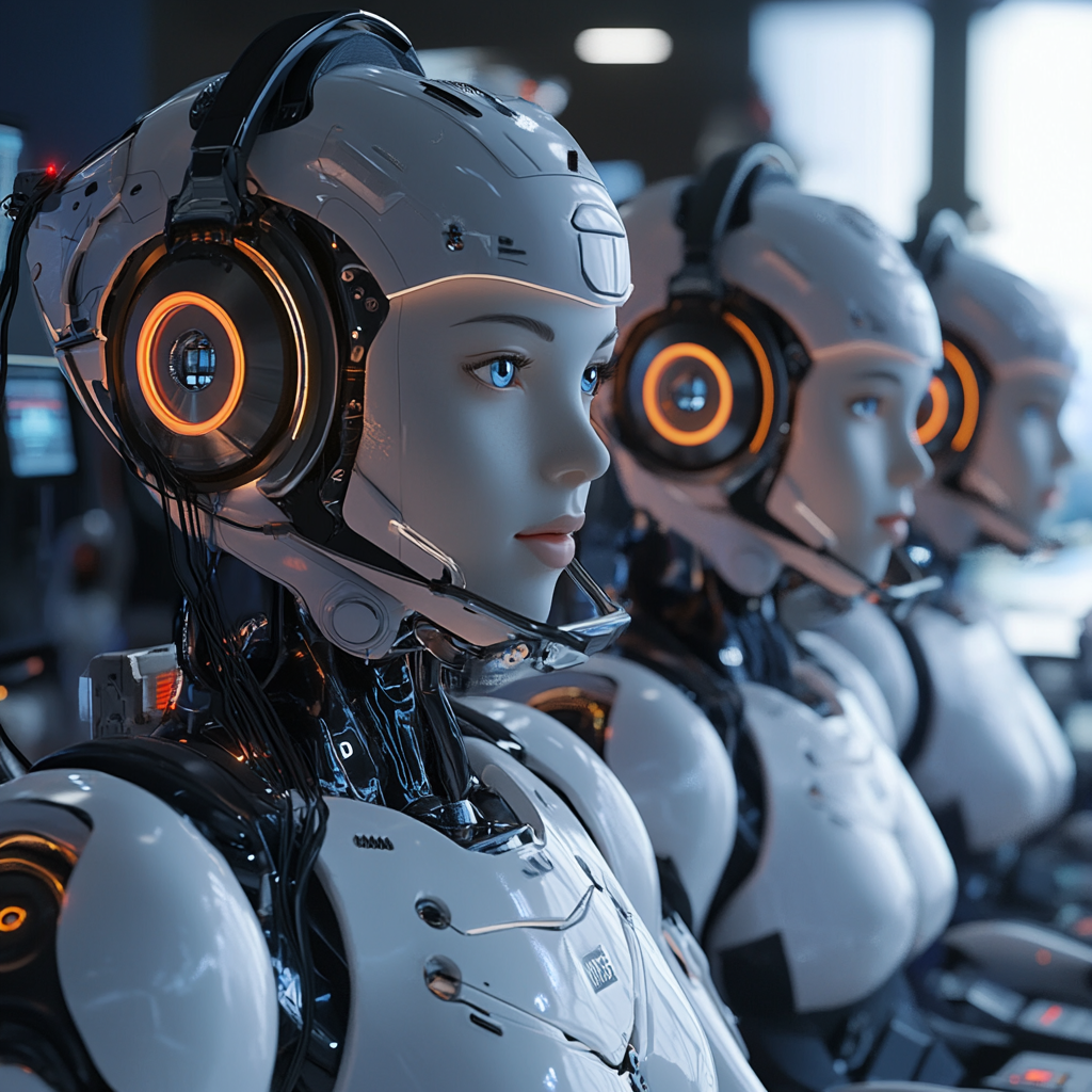 A row of female robots wearing headphones and helmets