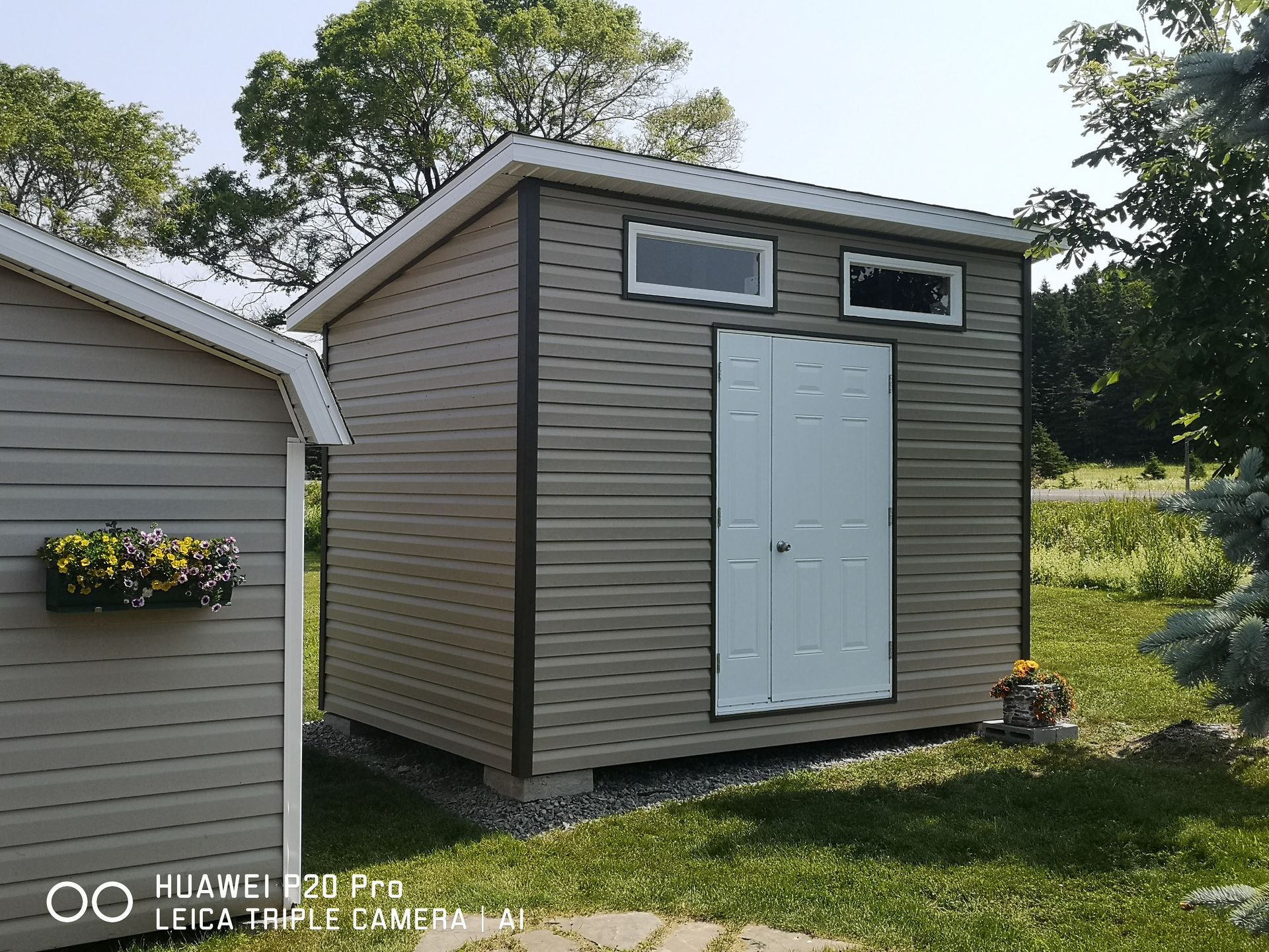 Un petit hangar se trouve au milieu d'un champ herbeux.