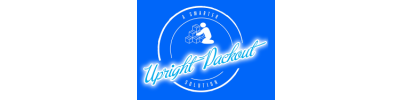 A blue and white logo Upright packout