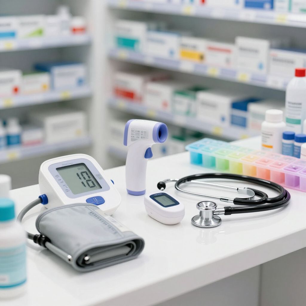Bancone della farmacia con misuratore di pressione sanguigna, termometro, stetoscopio e pillole. Sullo sfondo, scaffali pieni di medicinali.