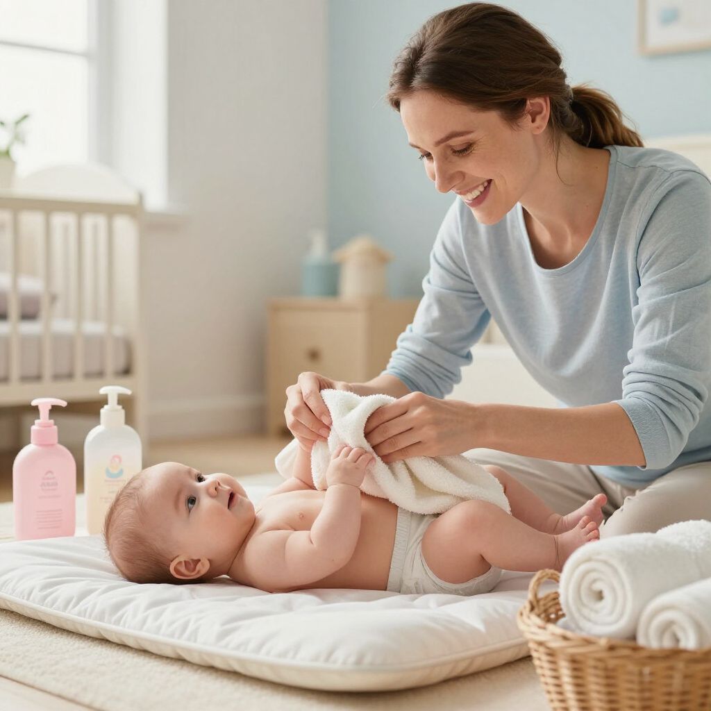Una donna cambia il pannolino a un neonato su un fasciatoio. Nelle vicinanze ci sono dei flaconi di lozione. Sullo sfondo si vede una culla.