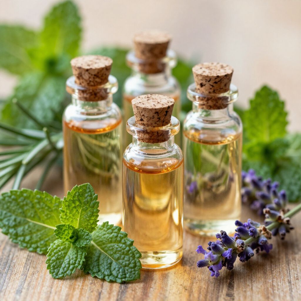 Piccole bottiglie di vetro contenenti oli essenziali con tappi di sughero, circondate da erbe e fiori freschi.