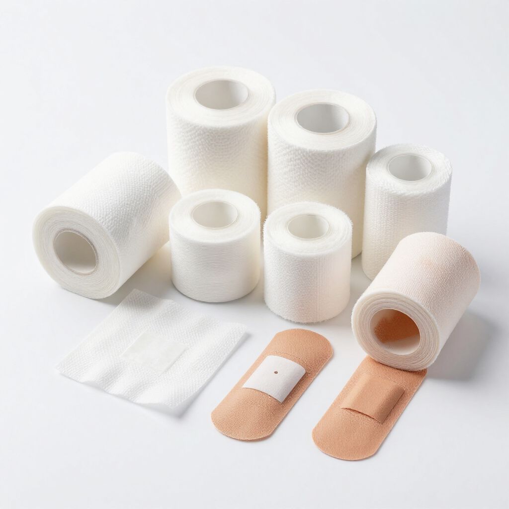 Bende mediche bianche e beige, compresi rotoli e strisce adesive, su una superficie bianca.