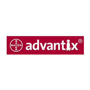 Logo del prodotto antipulci e zecche Advantix con rettangolo rosso e sagoma di cane.