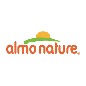 Logo Almo Nature: testo arancione con un arco verde e un sole giallo.