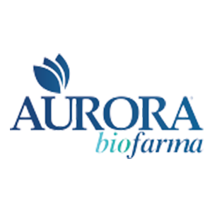 Logo Aurora Biofarma: disegno floreale blu sopra