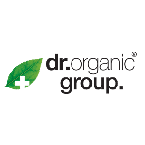 Logo del Dr. Organic Group con una foglia verde e il simbolo più, testo nero su sfondo bianco.